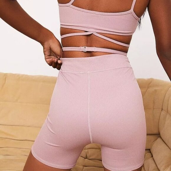 NWOT For Love & Lemons Chloe Biker Shorts Pink Ribbed Waist Strap Women's XS - Picture 2 of 12